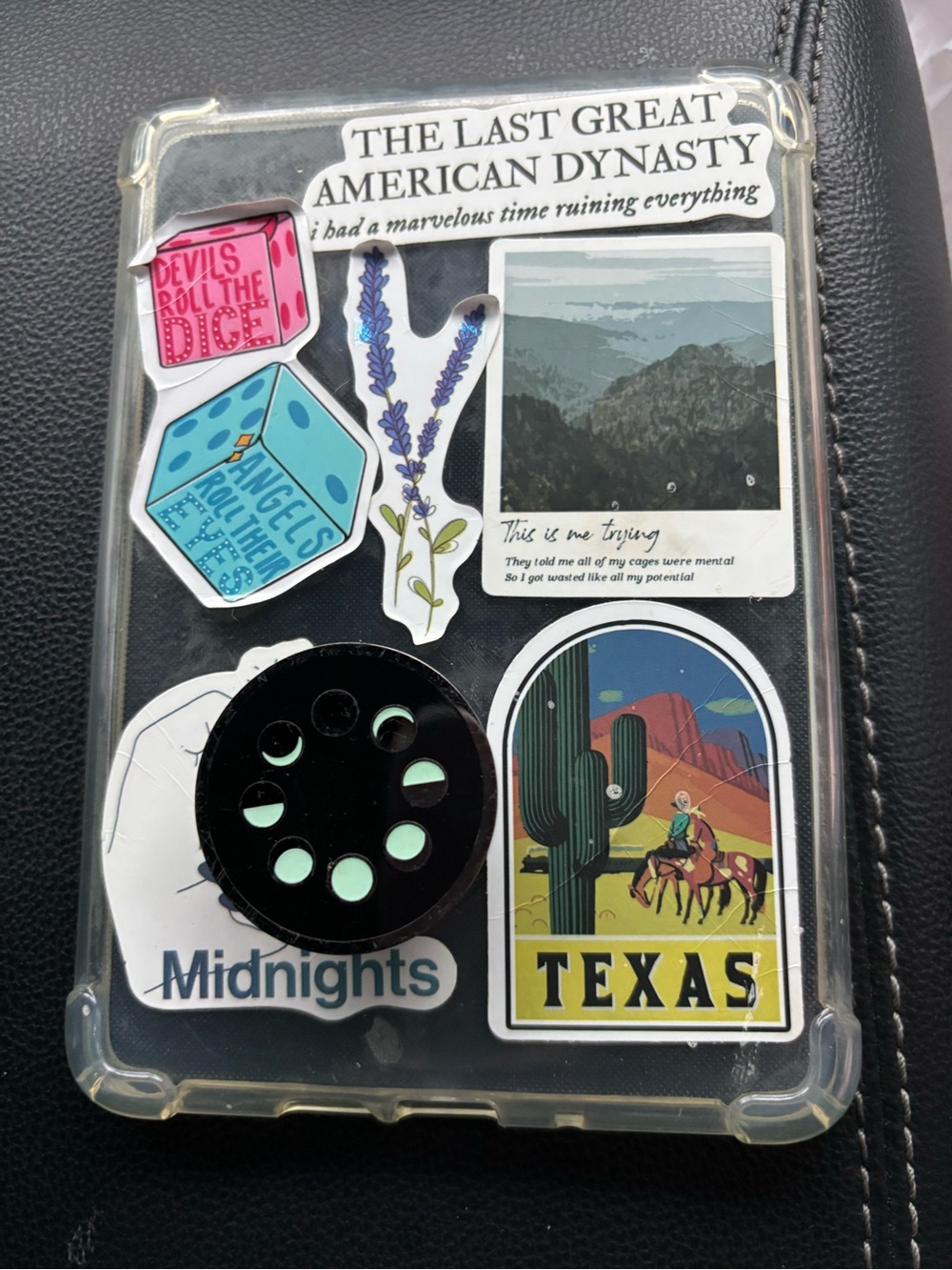 Clear Sticker-Covered Kindle Case with Black Pop Socket
